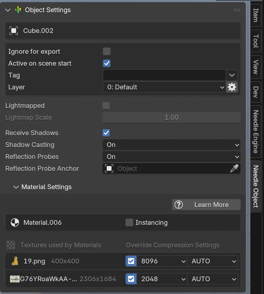 Blender Needle Object panel with Material Settings and per-texture compression