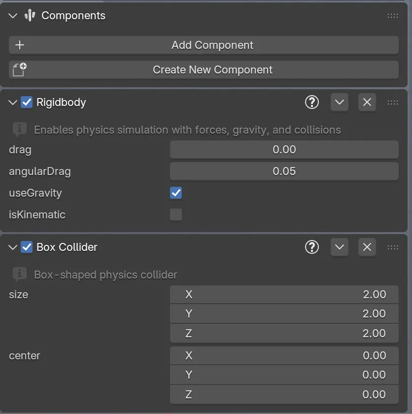 Rigidbody and Box Collider components in Blender
