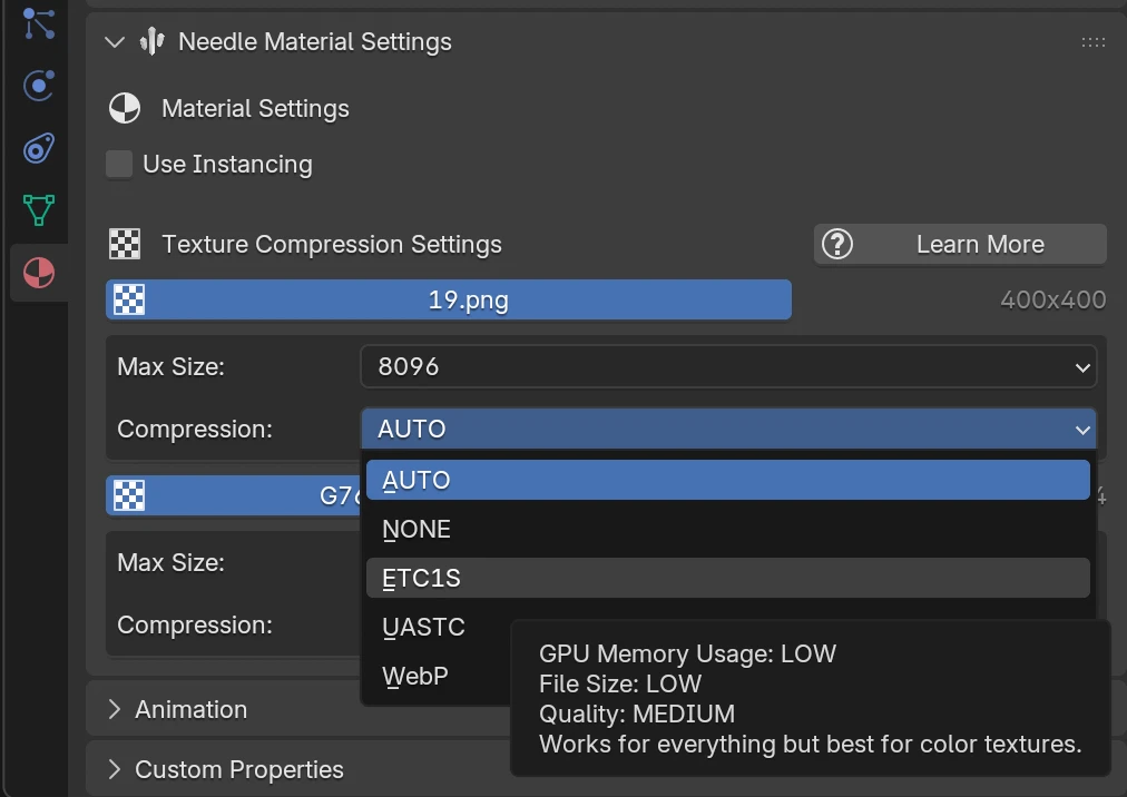 Blender Texture Compression Options with Tooltip