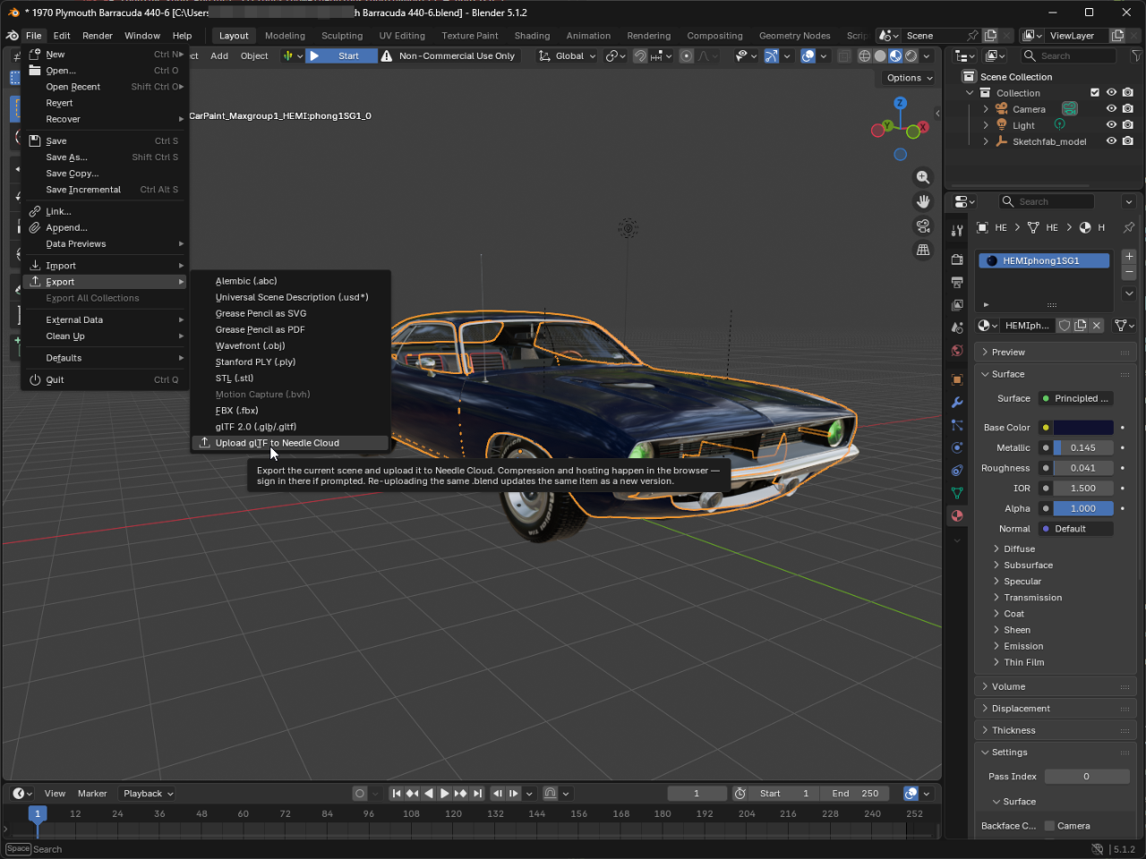 Upload glTF to Needle Cloud in the File > Export menu