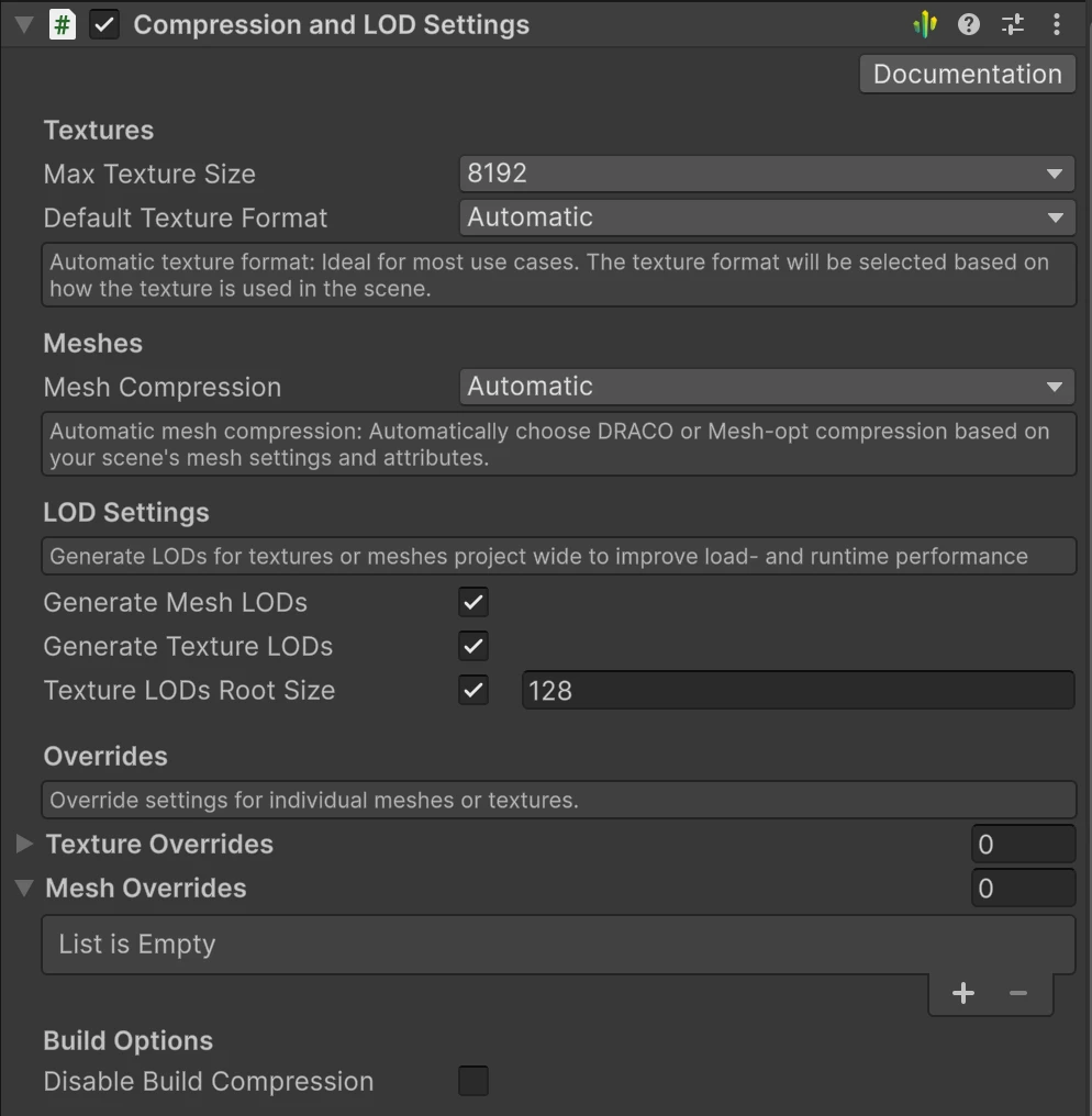 Unity Compression and LOD Settings