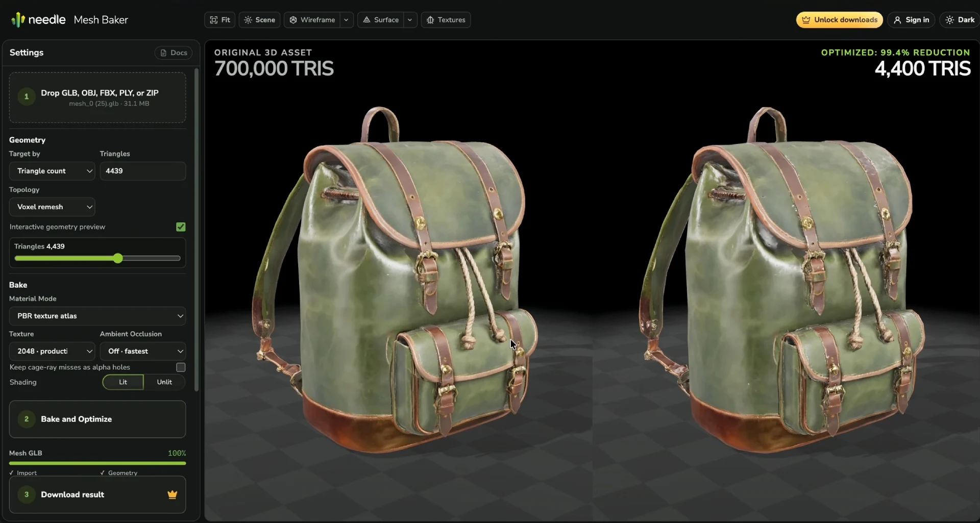 A 700,000 triangle leather backpack beside its 4,400 triangle baked result in the Needle Mesh Baker
