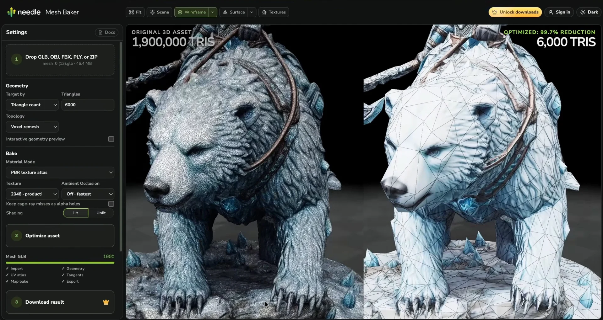 A 1,900,000 triangle sculpted bear beside its 6,000 triangle baked result in the Needle Mesh Baker, wireframe shown on the result
