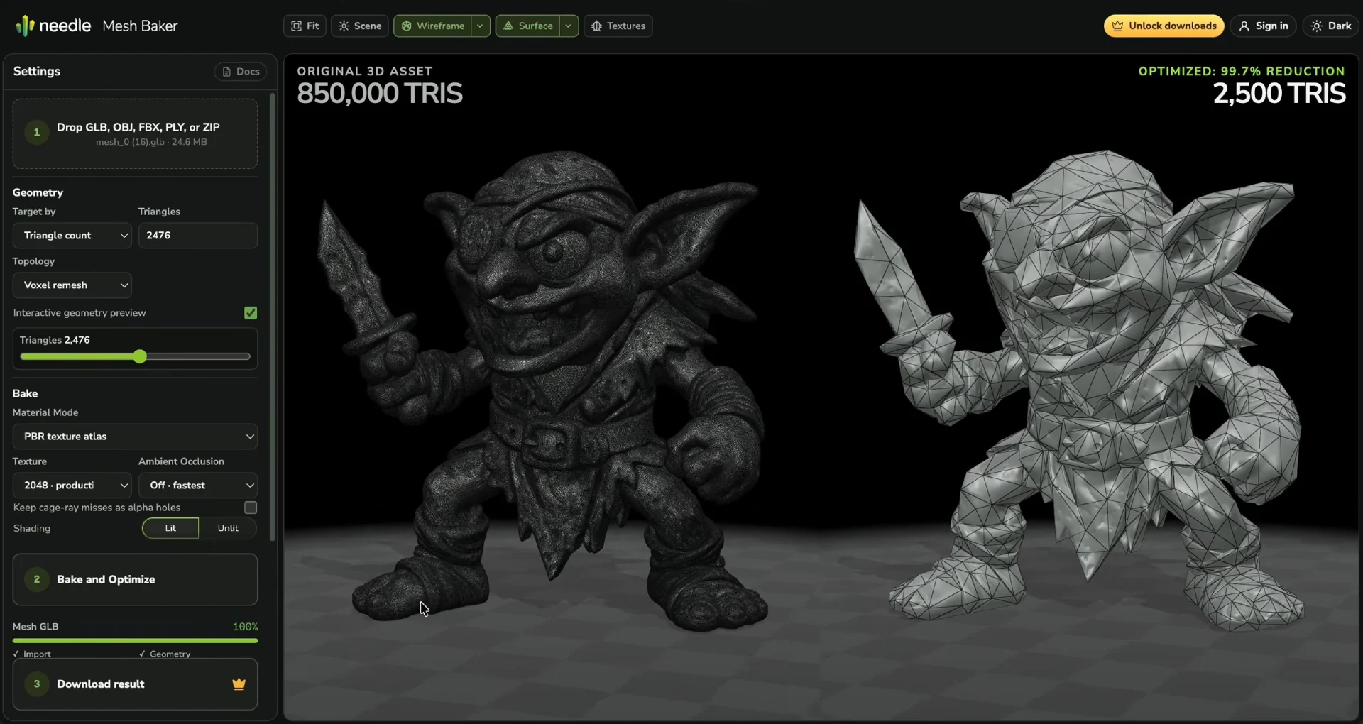 An 850,000 triangle goblin figurine beside its 2,500 triangle baked result in the Needle Mesh Baker, wireframe shown on the result