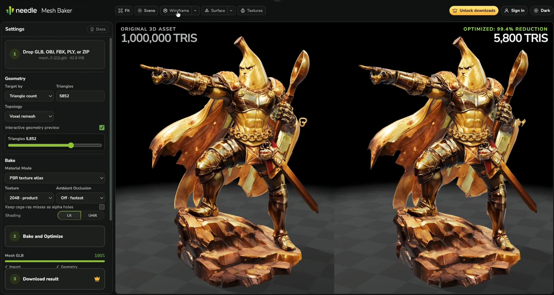 A 1,000,000 triangle golden knight statue beside its 5,800 triangle baked result in the Needle Mesh Baker