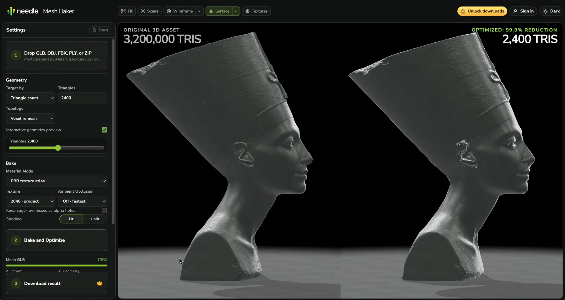 A 3,200,000 triangle photogrammetry bust of Nefertiti beside its 2,400 triangle baked result in the Needle Mesh Baker