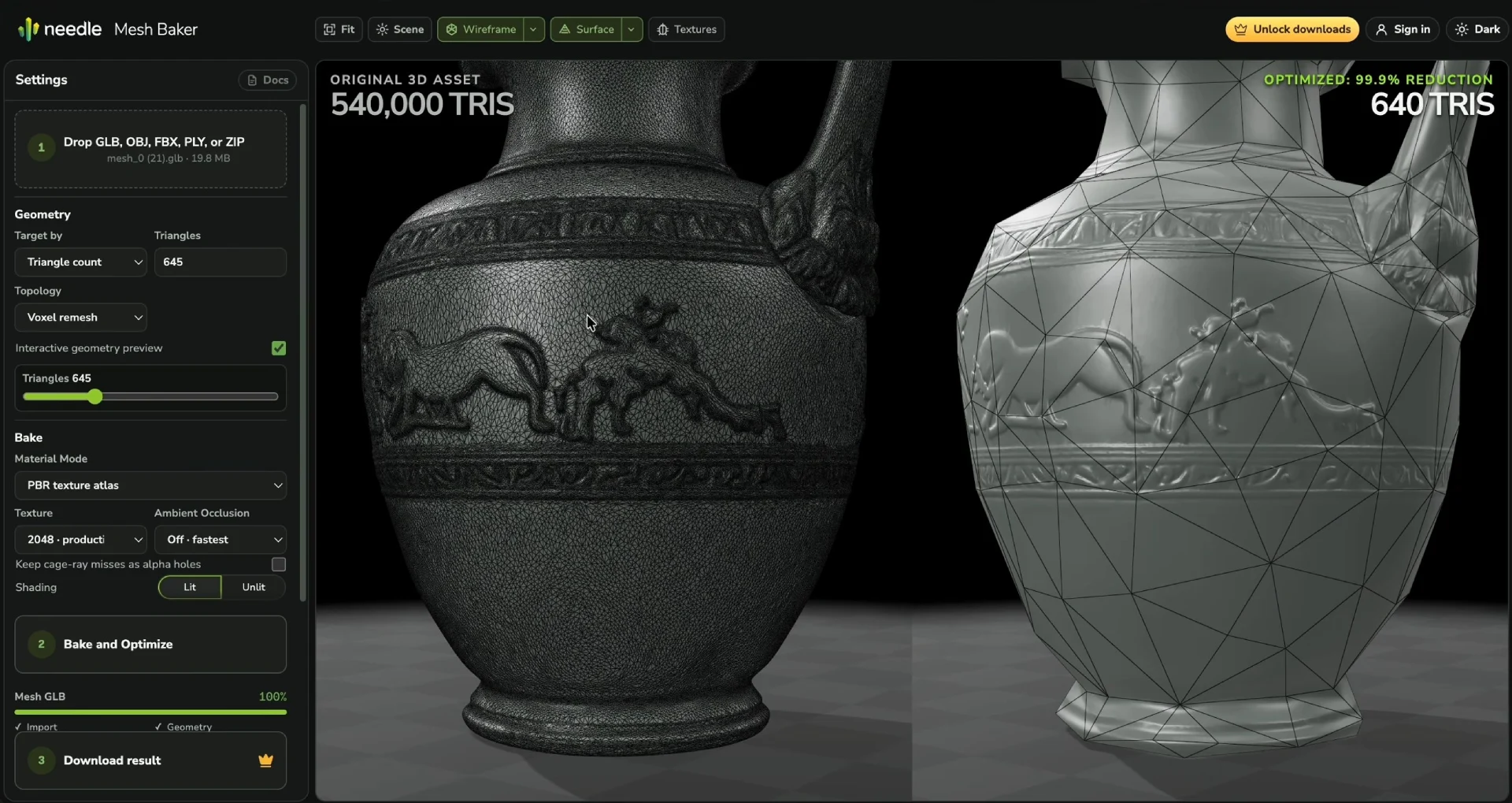 A 540,000 triangle ornamented vase beside its 640 triangle baked result in the Needle Mesh Baker, wireframe shown on the result